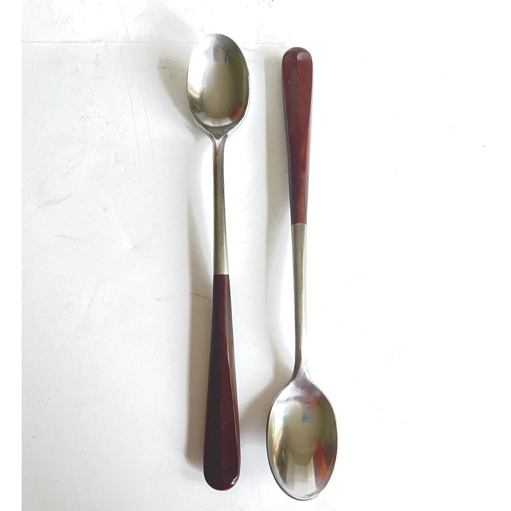 Ekco Eterna Iced Tea Spoons Set of 2 Forged Stainless Japan Brown MCM 7.75 inch